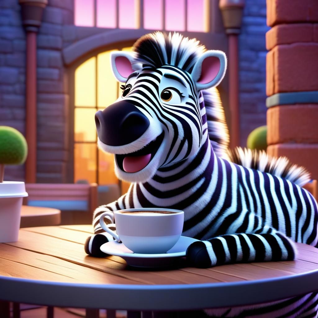 Fluffy Zebra Drinks Coffee: Pixar Style 3D Art