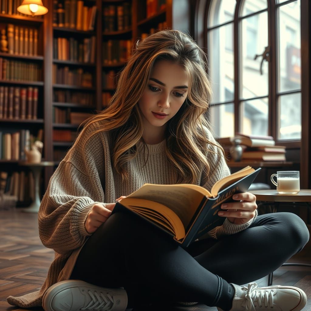 Serene French Woman Reads in a Cozy Library