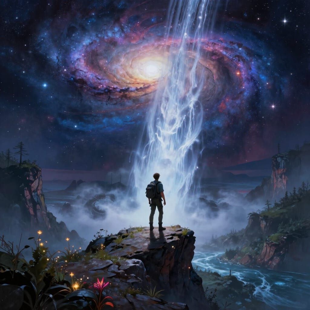 Cosmic Waterfall Explorer on Alien Precipice