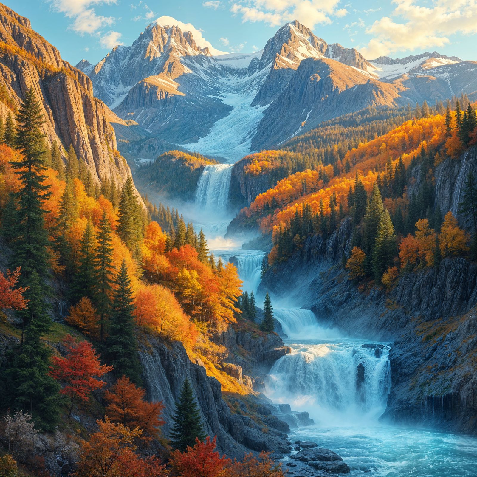 Majestic Mountain Waterfall Painting in Autumn Colors