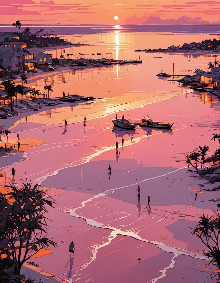 Colorful Beach Sunset in Cartoon Web Comic Style