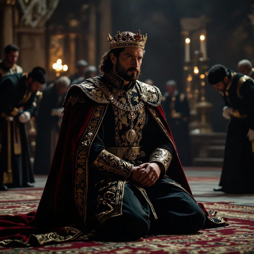 Kneeling King in Ornate Robes, Cinematic Film Still