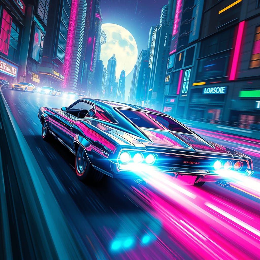 Futuristic 1970s Muscle Car in Neon Dystopian Cityscape