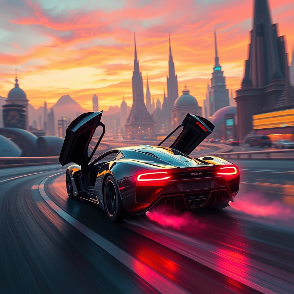Hyper-Luxury Speed Car Zooms Through Futuristic City