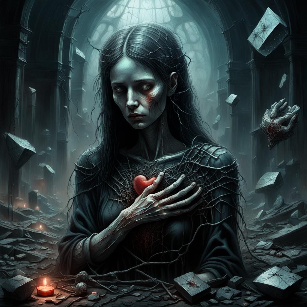 Wounded Woman with Broken Heart: Dark Fantasy Art