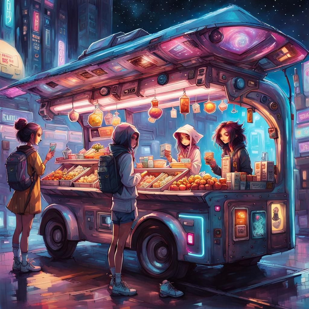 Alien Girls at Cyberpunk Food Truck in Space