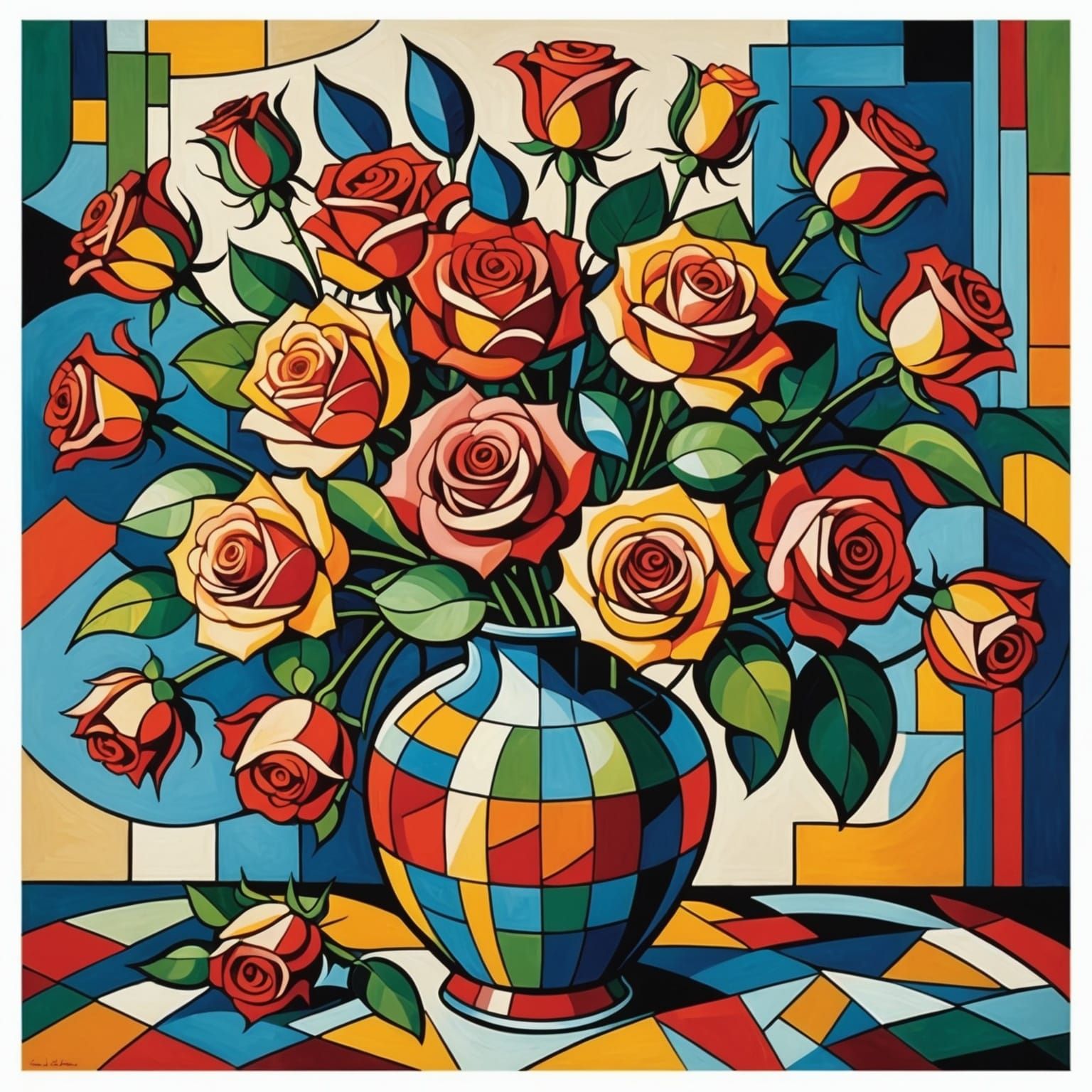 Cubist Vase of Roses: Colorful Geometric Art