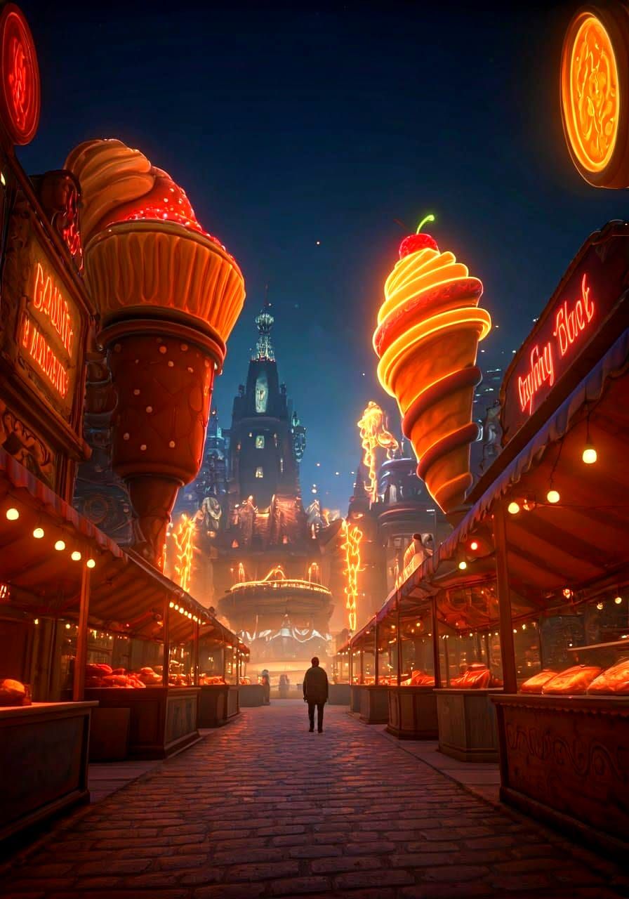 Vibrant Nighttime Pastry Market in Epic 3D Style