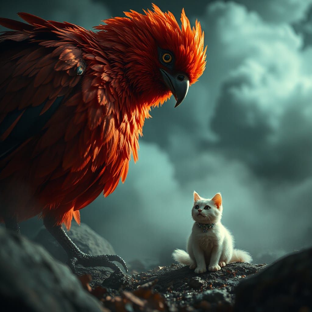 Fluffy Red Bird Dominates Mystical Dreamscape