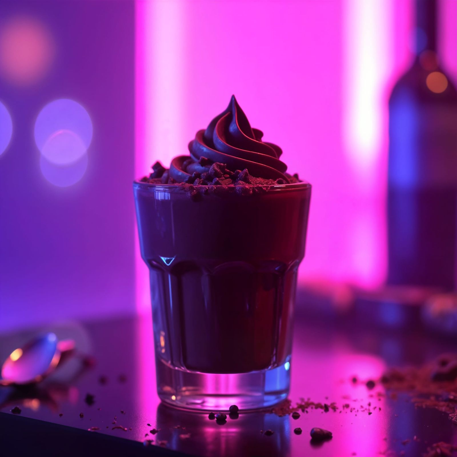 Chocolate Cream Glass in Neon Purple Nightclub
