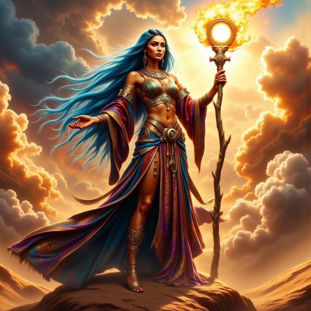 Mystical Egyptian Priestess in Scorching Desert Mirage