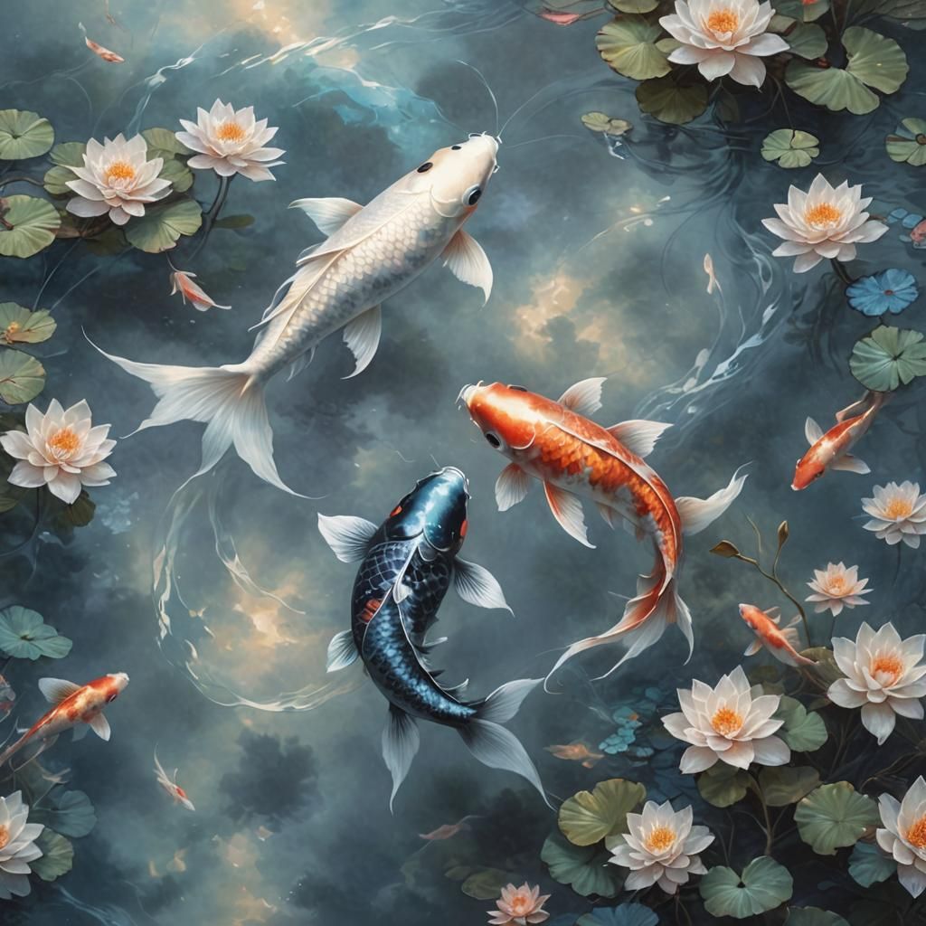 two koi fish swimming clockwise next to each other, only black and white with blue water