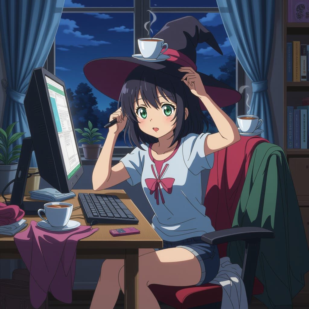 Anime Witch Using Graphics Tablet Late Night