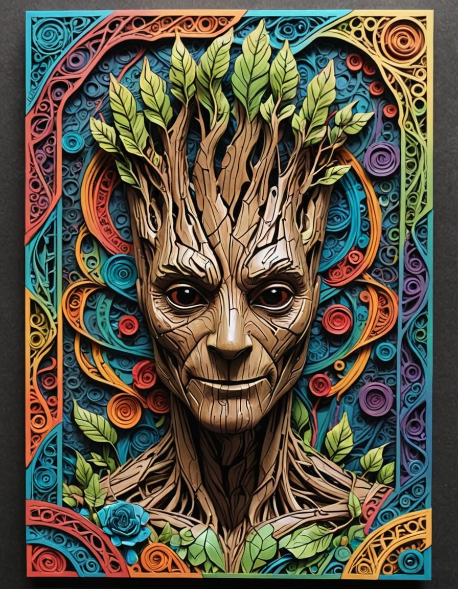 3D Groot Card with Zentangle Art Borders