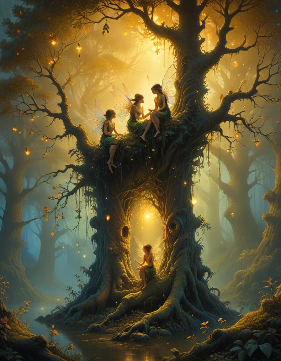 Enchanting Fairies in a Mystical Tree, Ethereal Art