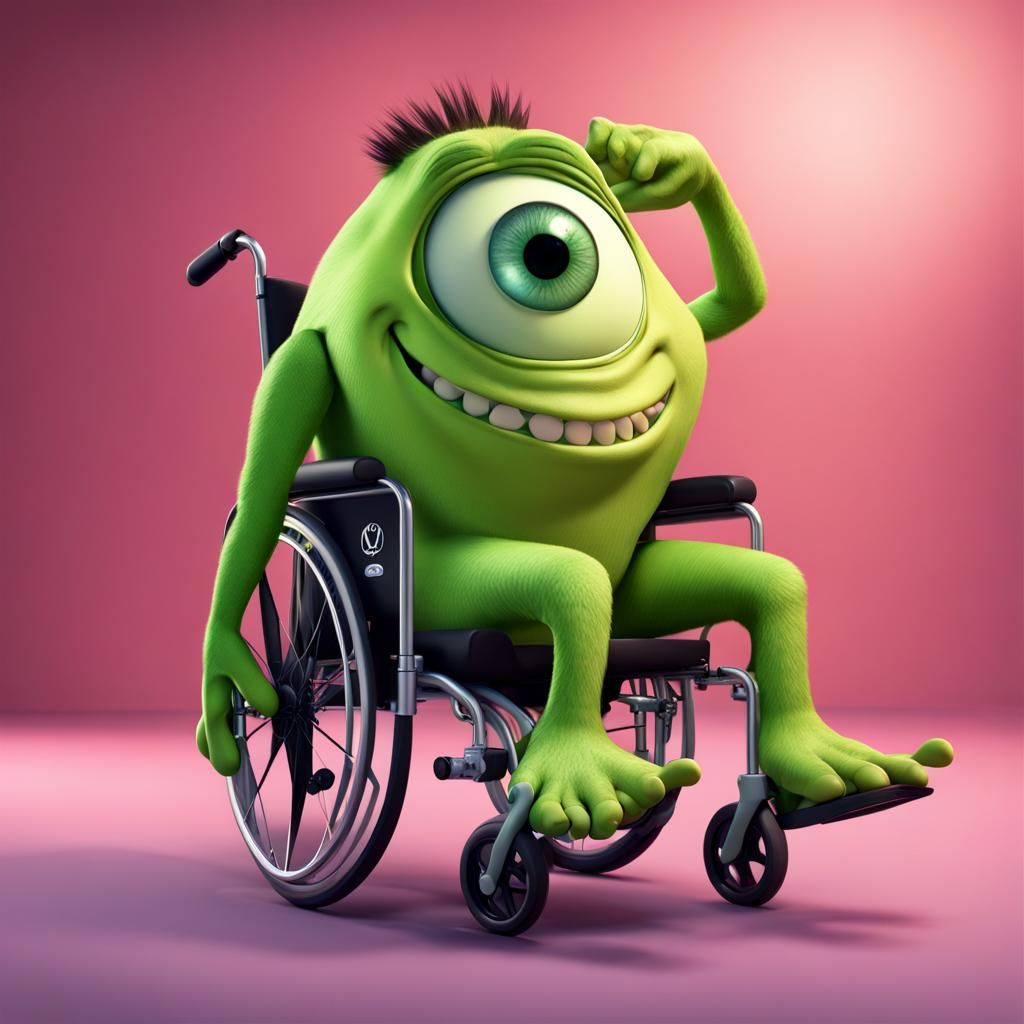 Mike Wazowski in Wheelchair: Pixar-Style 3D Art