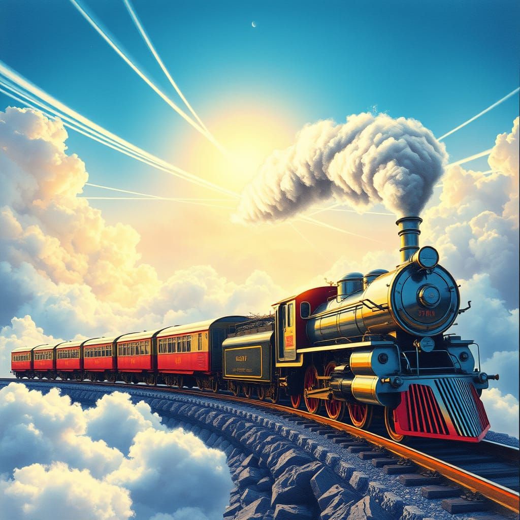 Retro-Futuristic Train Blasts Off into Dreamlike Sky