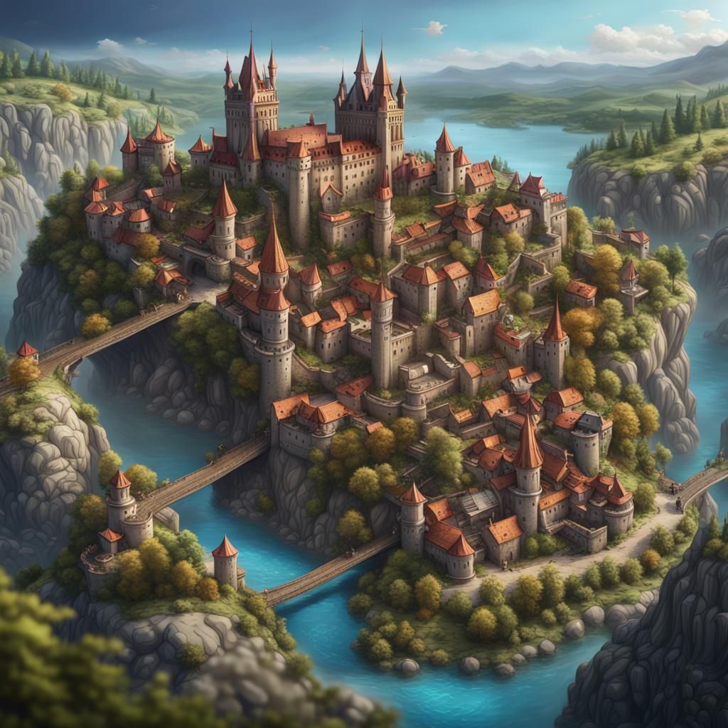 Detailed City Map with Rivers and Hilltop Castle