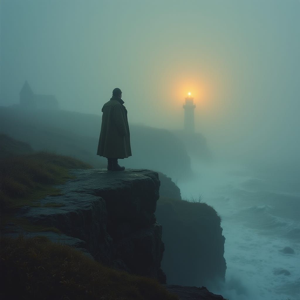 Lighthouse Keeper at Dawn in Mystical Realism Style