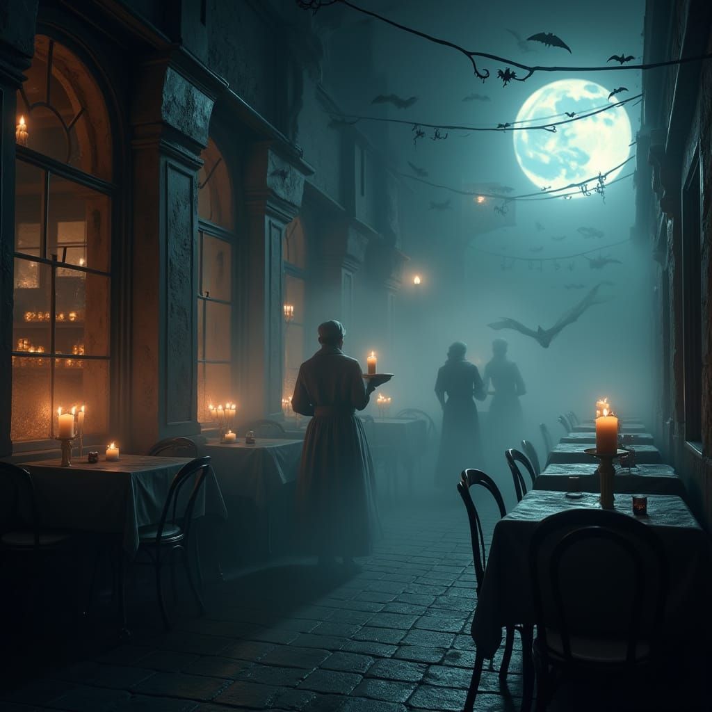 Ghostly Cafe Under Full Moon in Eerie Light