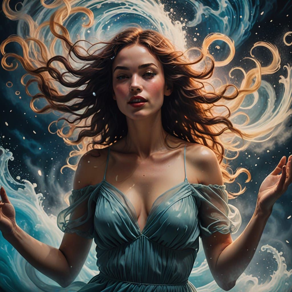 Sensual Young Woman Flies Through Iridescent Mist in Hyperre...