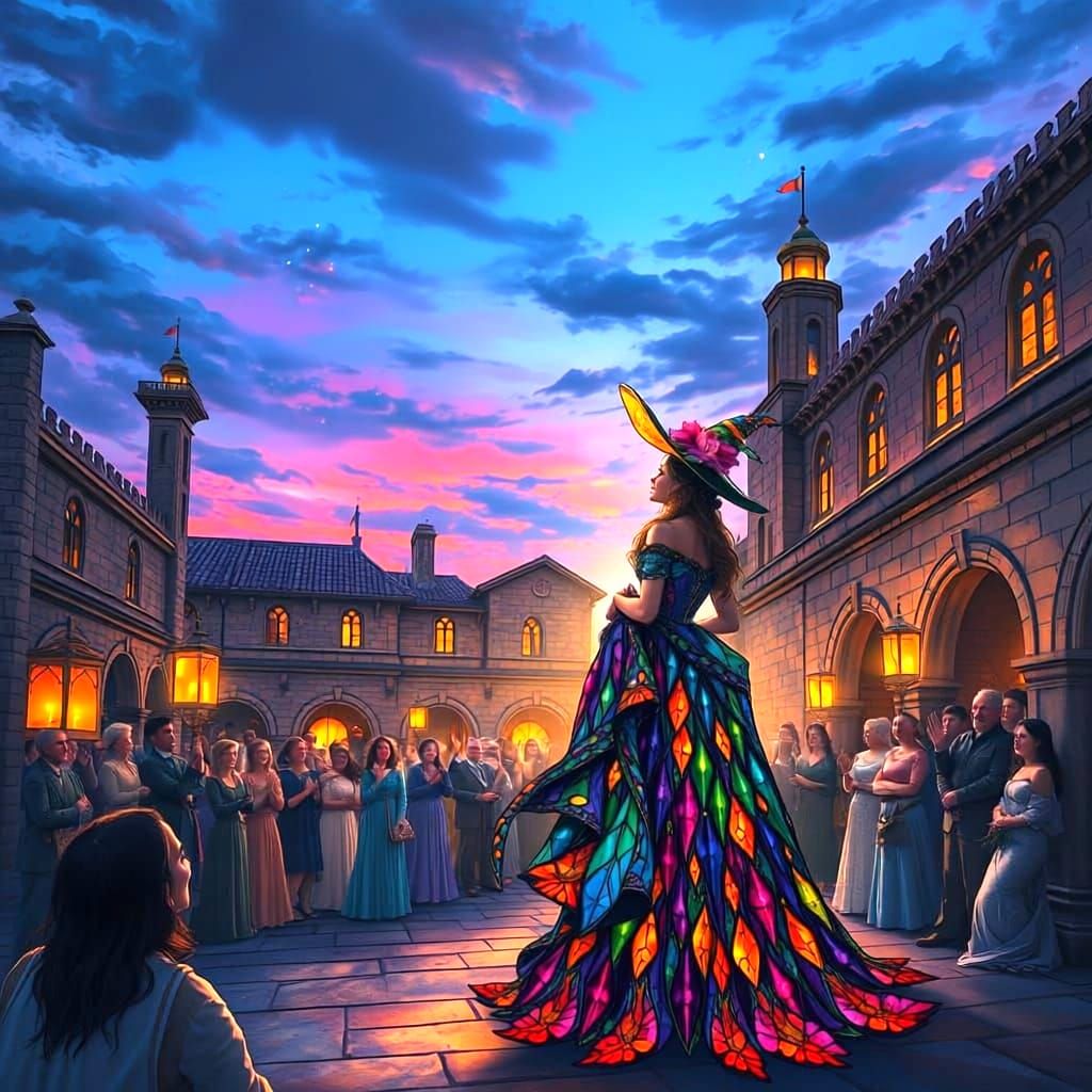 Stained Glass Witch in Courtyard with Dragon