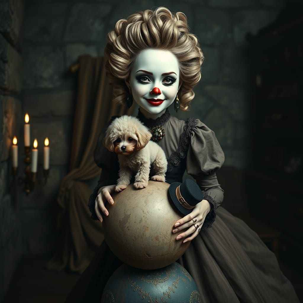 Victorian Lady in Clown Makeup Balances on Ball with Poodle