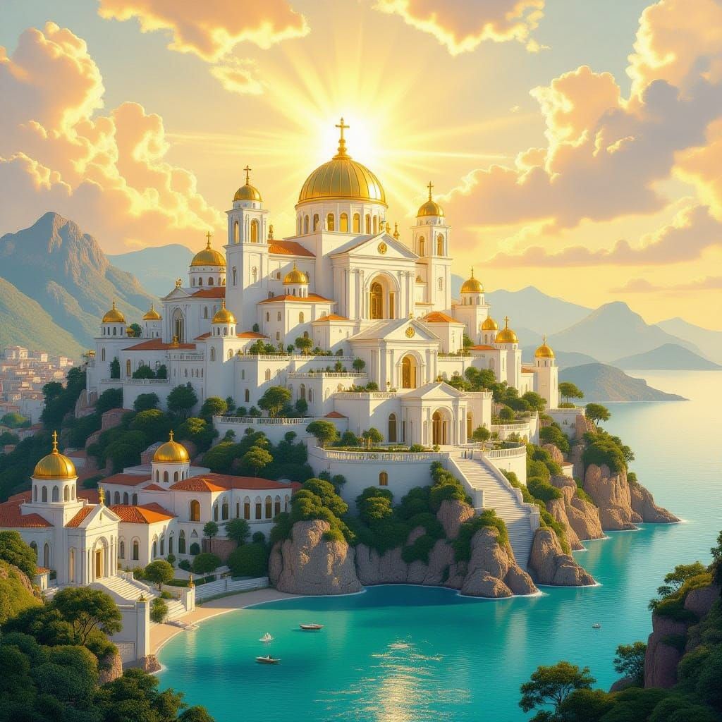 A radiant utopian city perched on a lush hilltop, glowing wi...