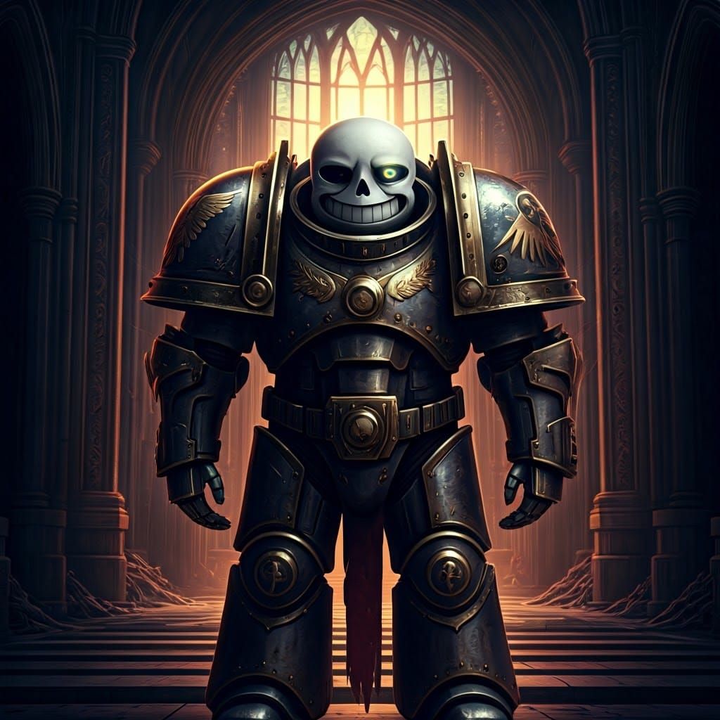Sans as Space Marine in Gothic Cathedral