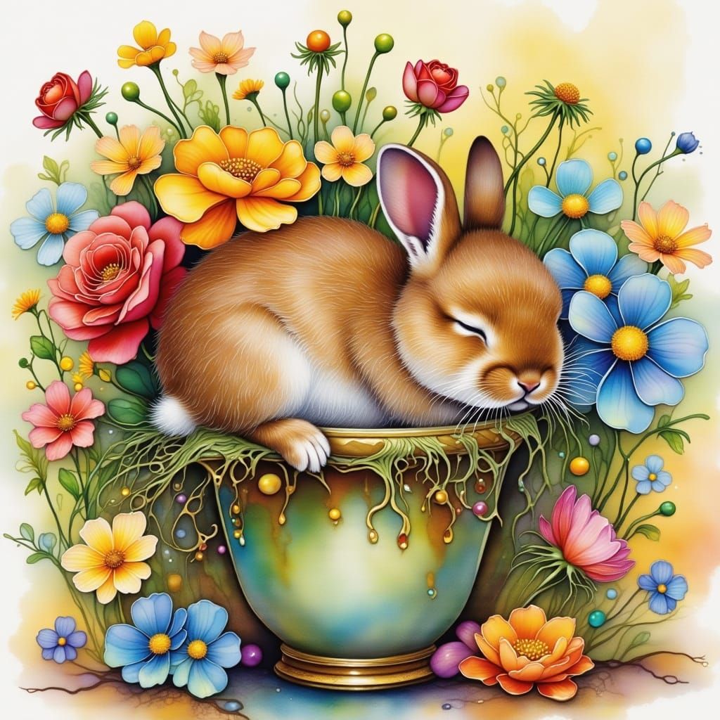 Whimsical Bunny in Antique Flower Pot