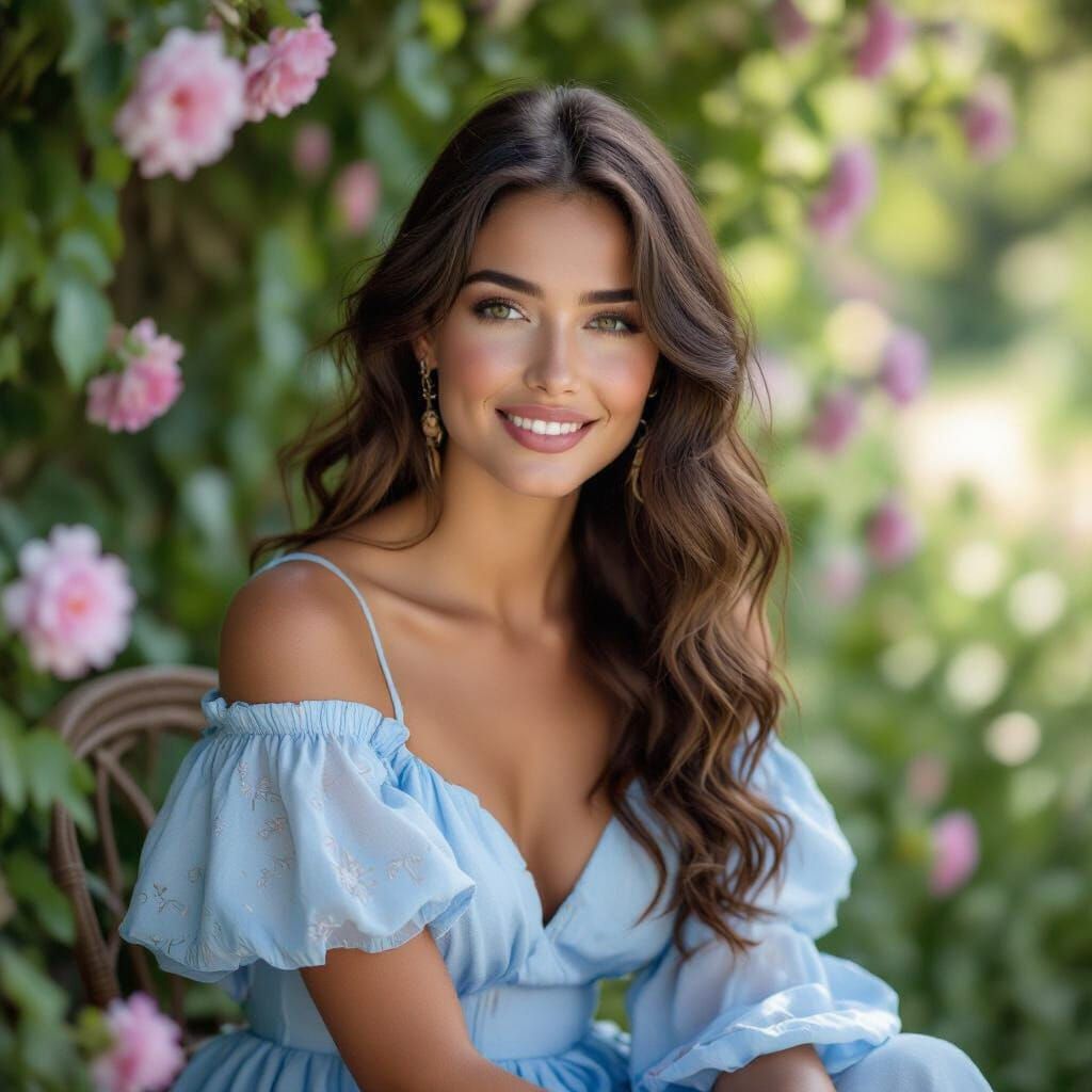 Serene Woman in Floral Alley, Photorealistic Fine Art