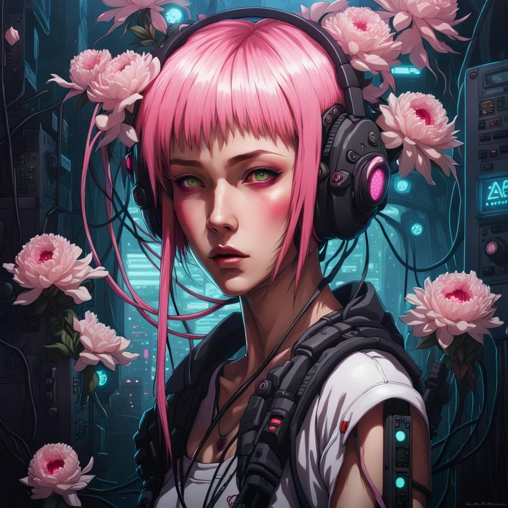 Cyberpunk Hacker in Dystopian Laboratory with Sakura