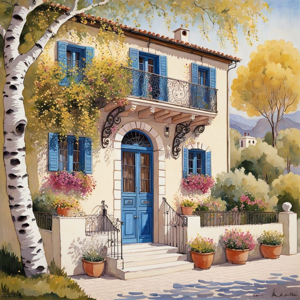 Mediterranean Cottage in Springtime, Gouache Architectural S...