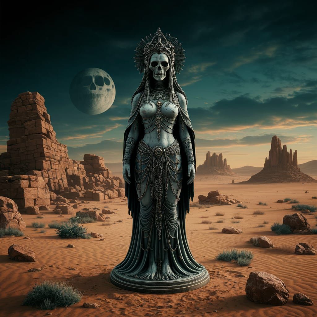Death Goddess Figurine in Desert Ruins, Giger Style