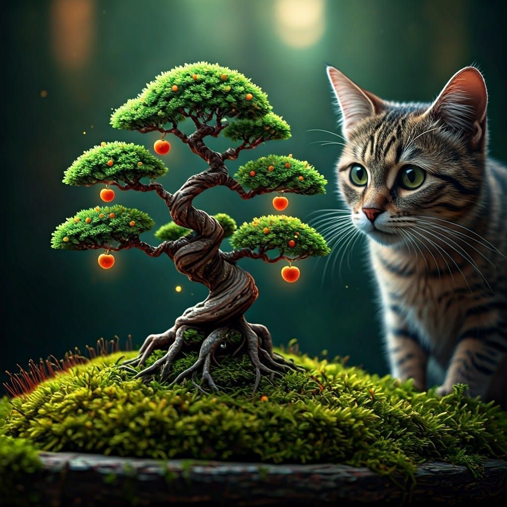 Magical Bonsai Tree with Glowing Apples, Macro Shot