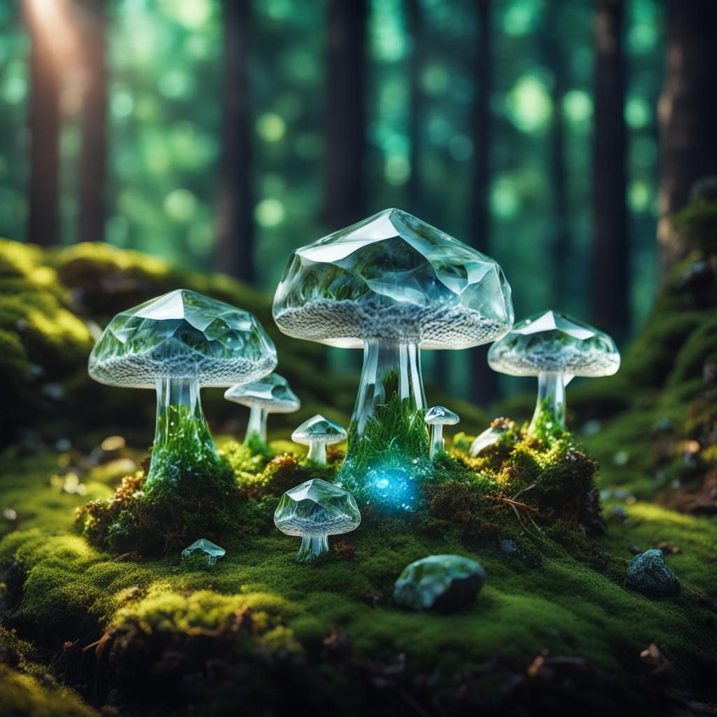 Glass Crystal Mushrooms in Forest: Splash Art