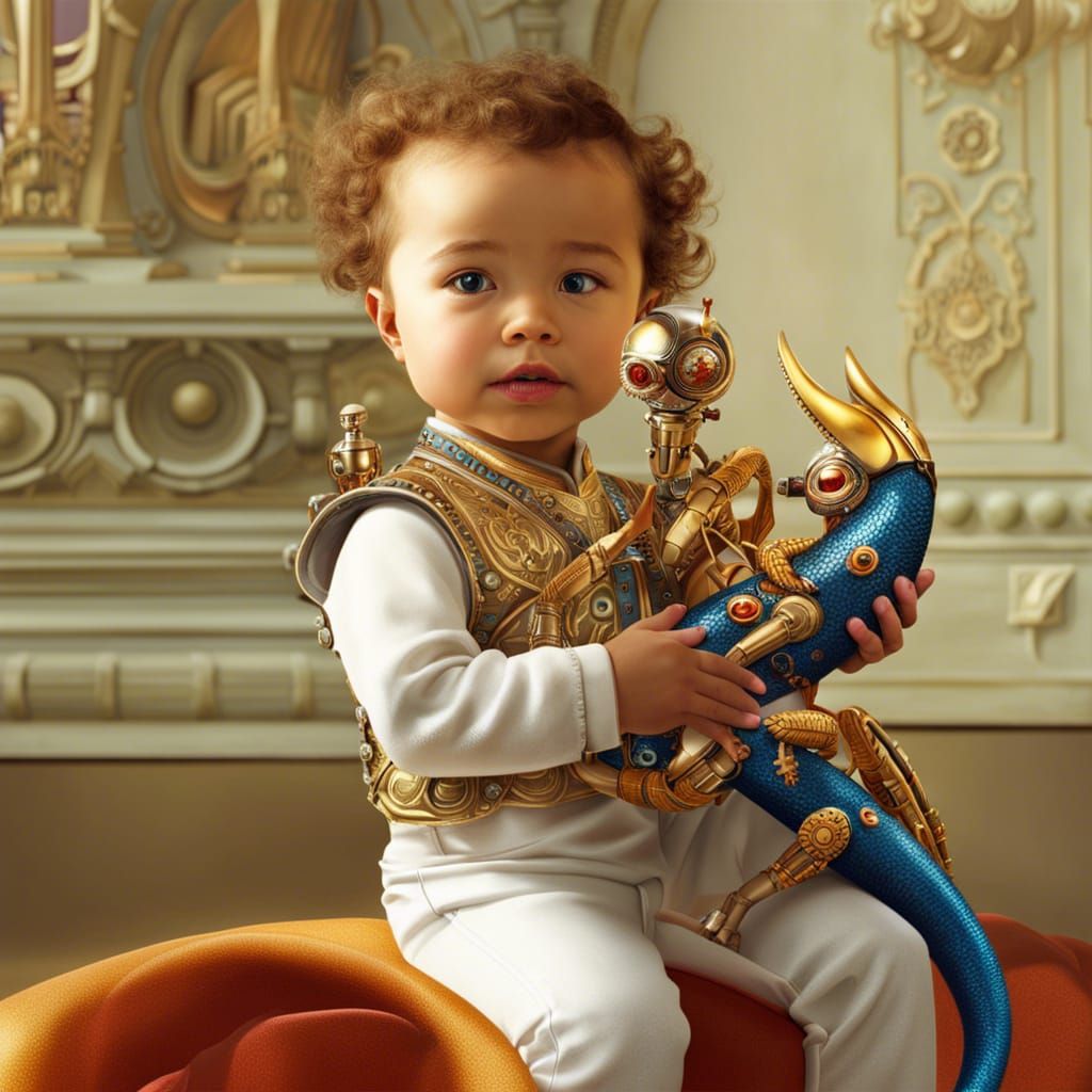 Toddler and Robot Gecko Droid in Whimsical Style