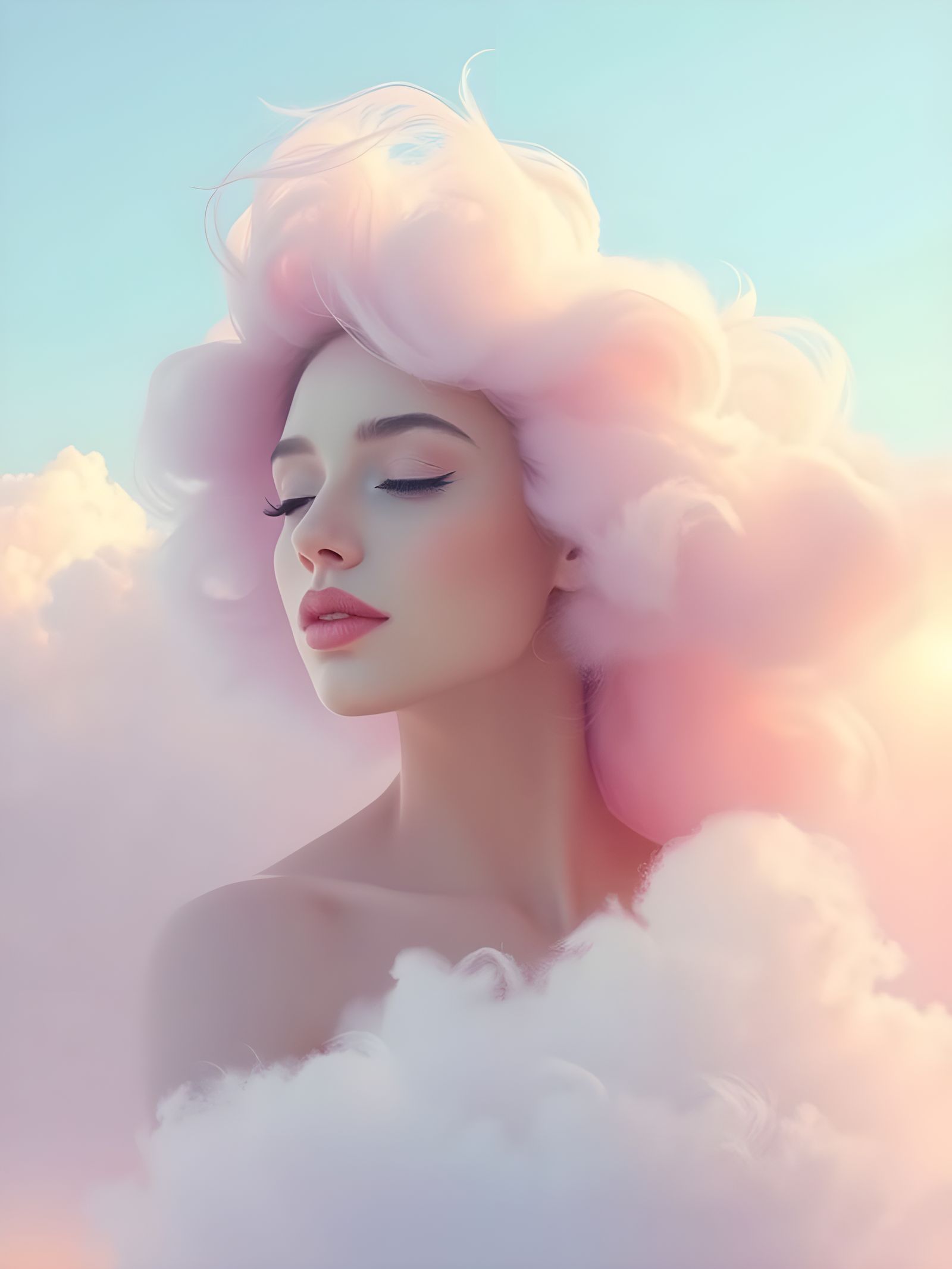 Ethereal Cloud Woman Blowing a Kiss, Impressionistic Style