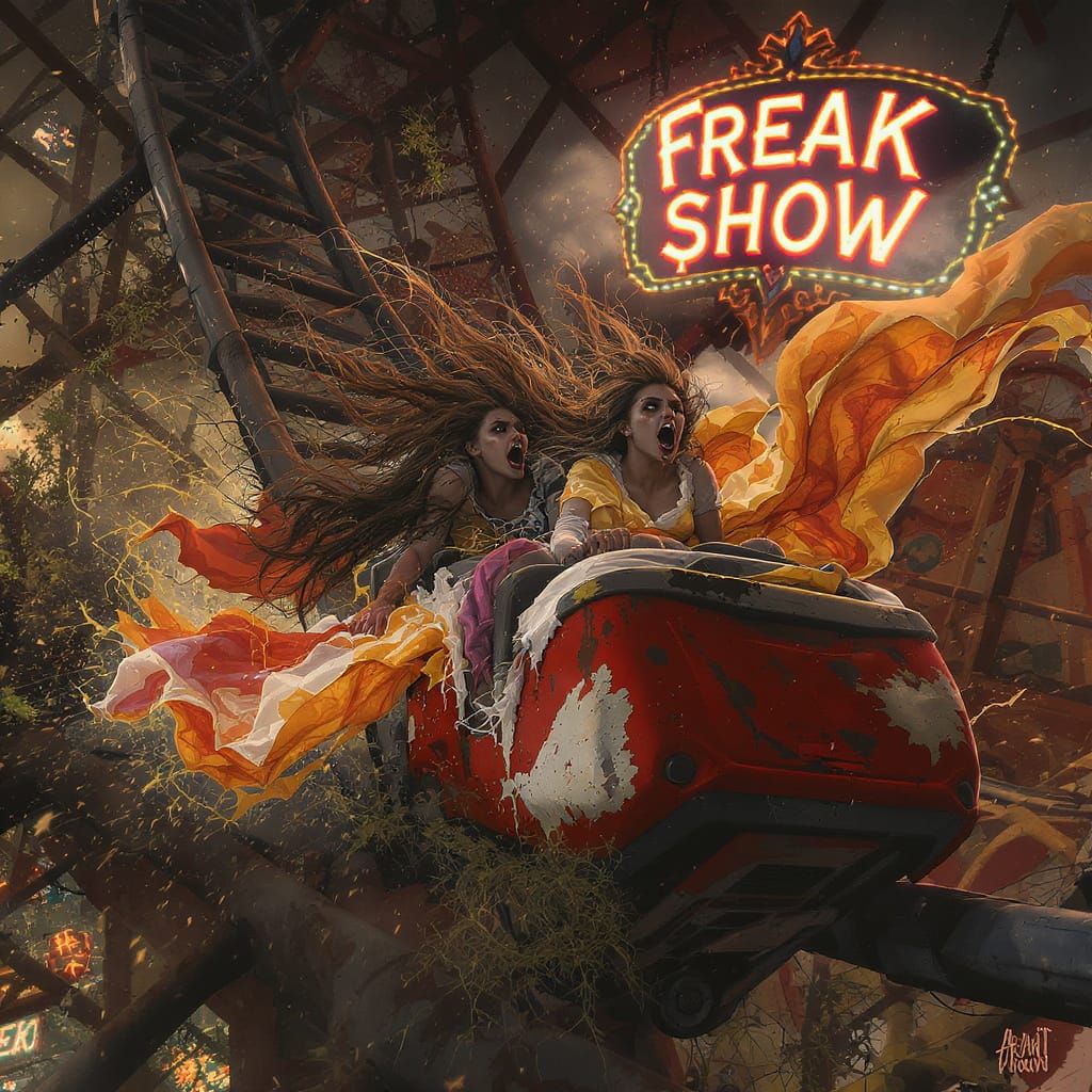 Women on Roller Coaster in Hyperrealistic Splash Art Style