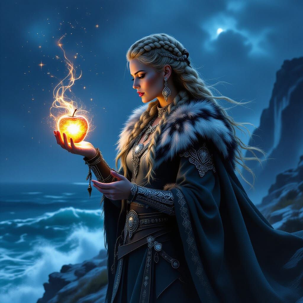 Viking Woman with Cosmic Apple on Windswept Cliff