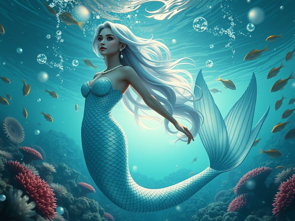 Ethereal Mermaid Queen in Enchanted Underwater Realm