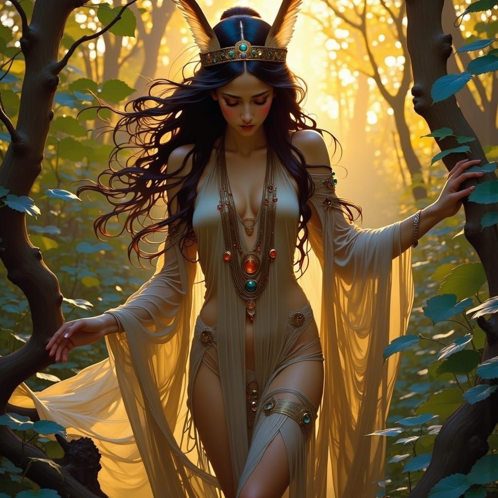 Mystical Native American Woman in Art Nouveau Style