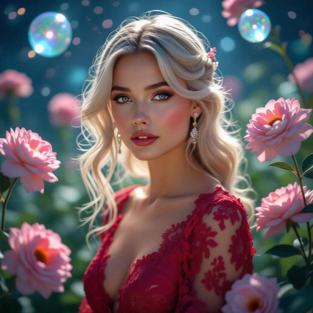 Ethereal Woman with Bioluminescent Flowers, Art Nouveau Styl...