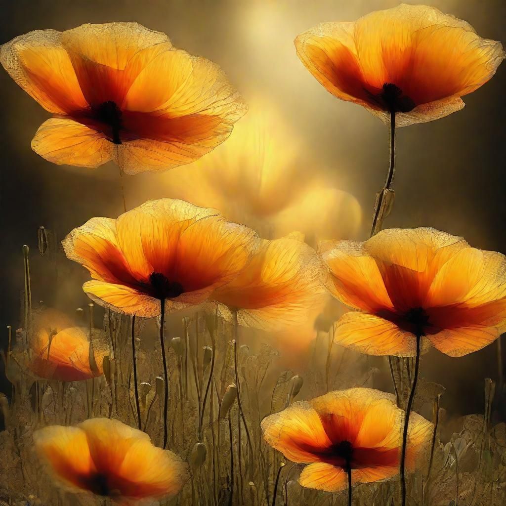 Fractal Poppies Emanating Golden Light