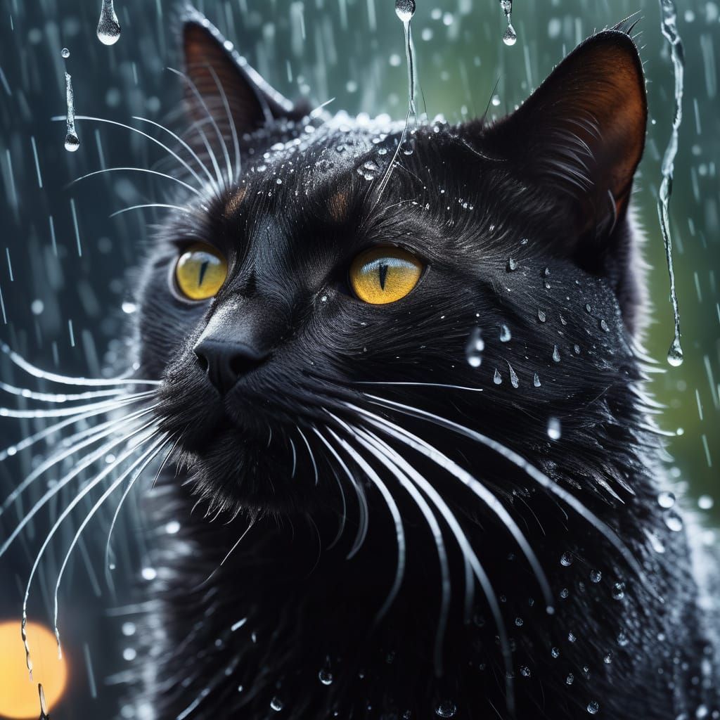 Black Cat Shakes off Rain in Hyper-Realistic Style