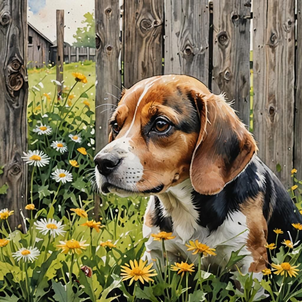 Beagle Smelling Dandelions in Abstract Watercolor