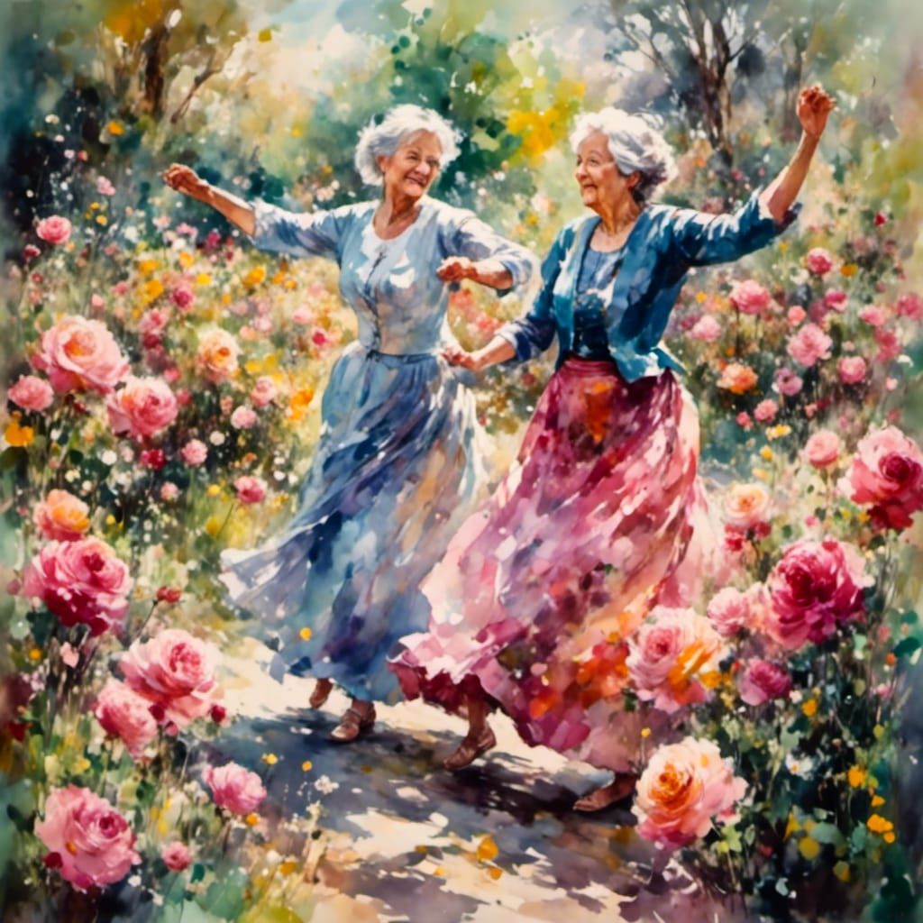 Grandmothers Dancing in Rose Garden as Impasto Painting