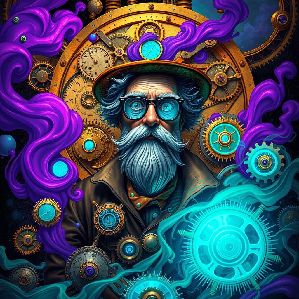 Eccentric Inventor Surrounded by Clockwork Machinery