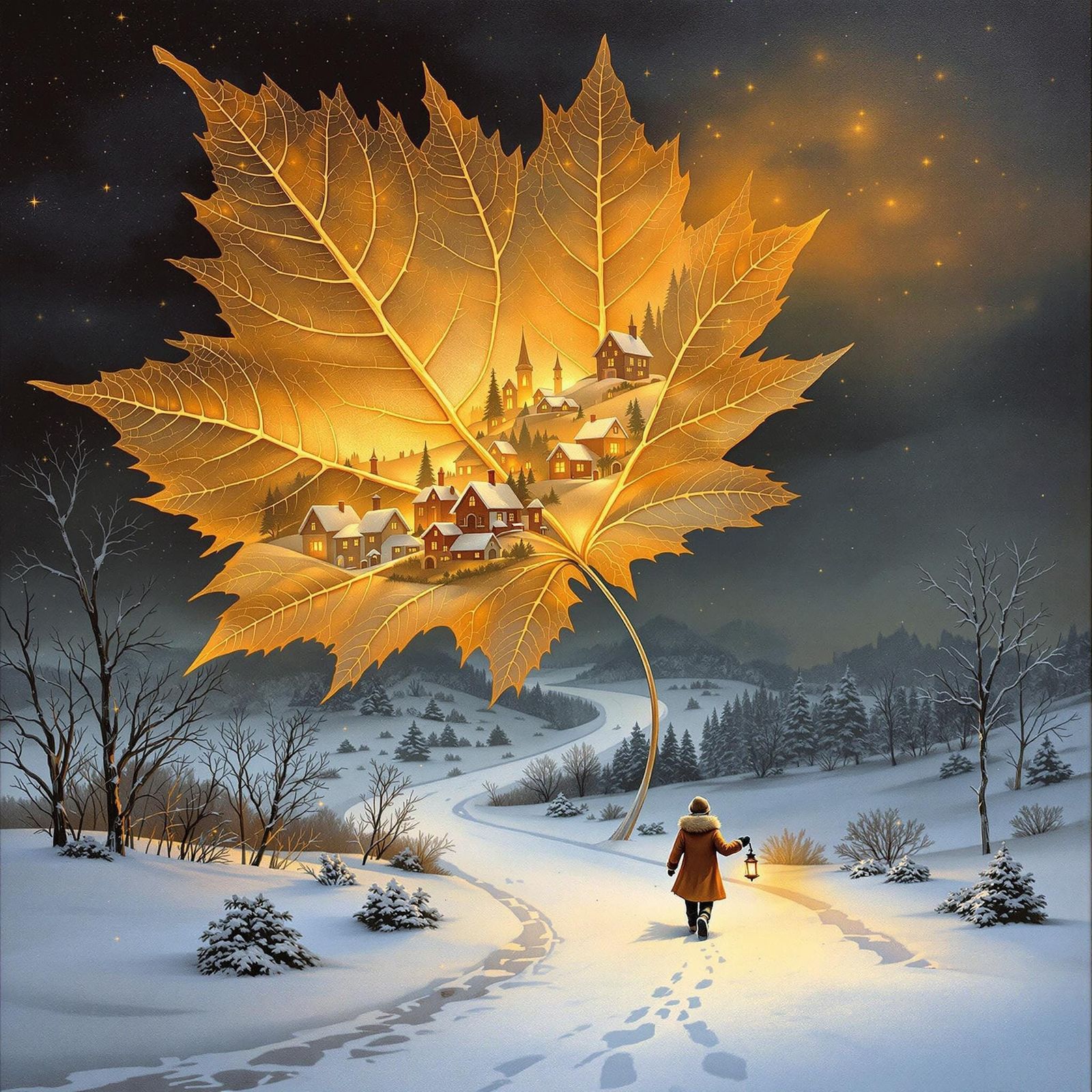 Winter Village on a Dried Maple Leaf in Golden Light