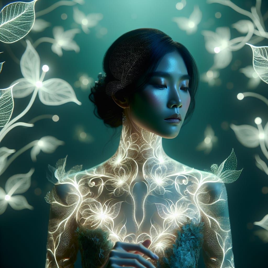 Ethereal Asian Woman with Glowing Floral Patterns
